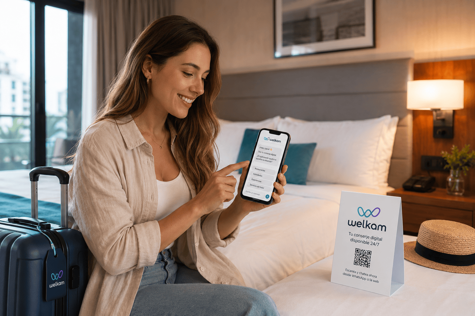 Una huésped consulta Welkam desde su habitación